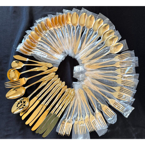 Vtg Stanley Roberts Flatware Golden Dynasty Gold Electroplate 54 PC Svc 8 MINT - Picture 2 of 14